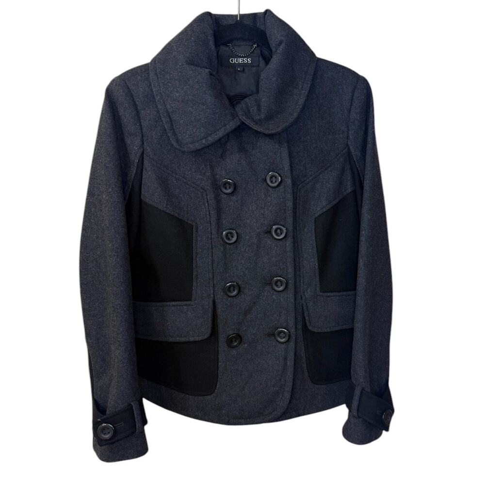 Guess Pea Coat Women‎ Large Gray Black Wool Blend Preppy Winter School Holiday
